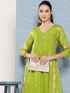 Janasya Women's Lime Green Rayon Foil Printed Festive A-Line Kurta