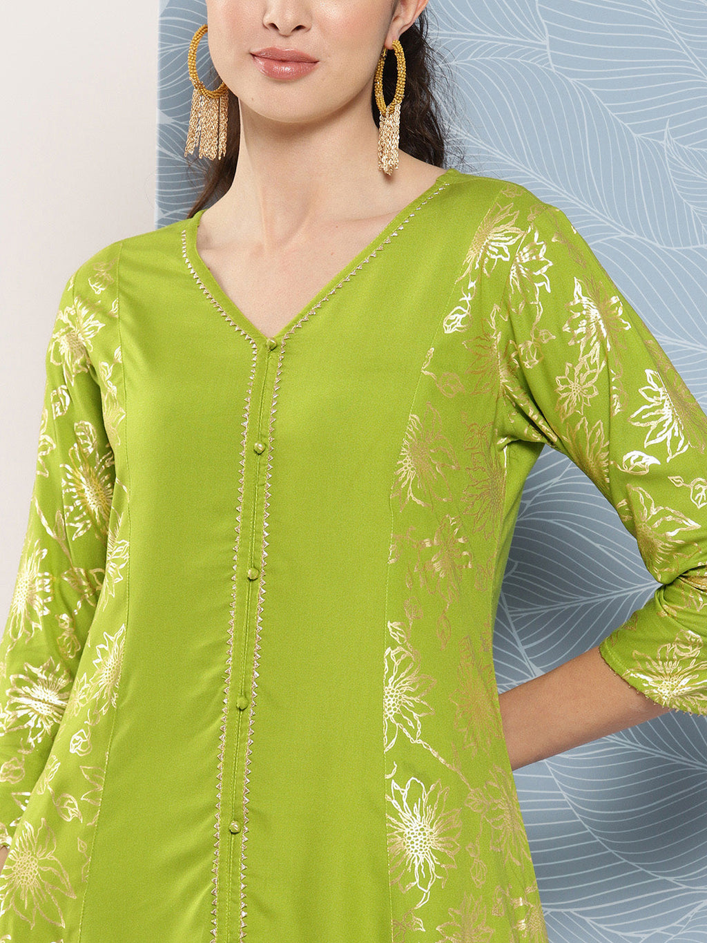 Janasya Women's Lime Green Rayon Foil Printed Festive A-Line Kurta