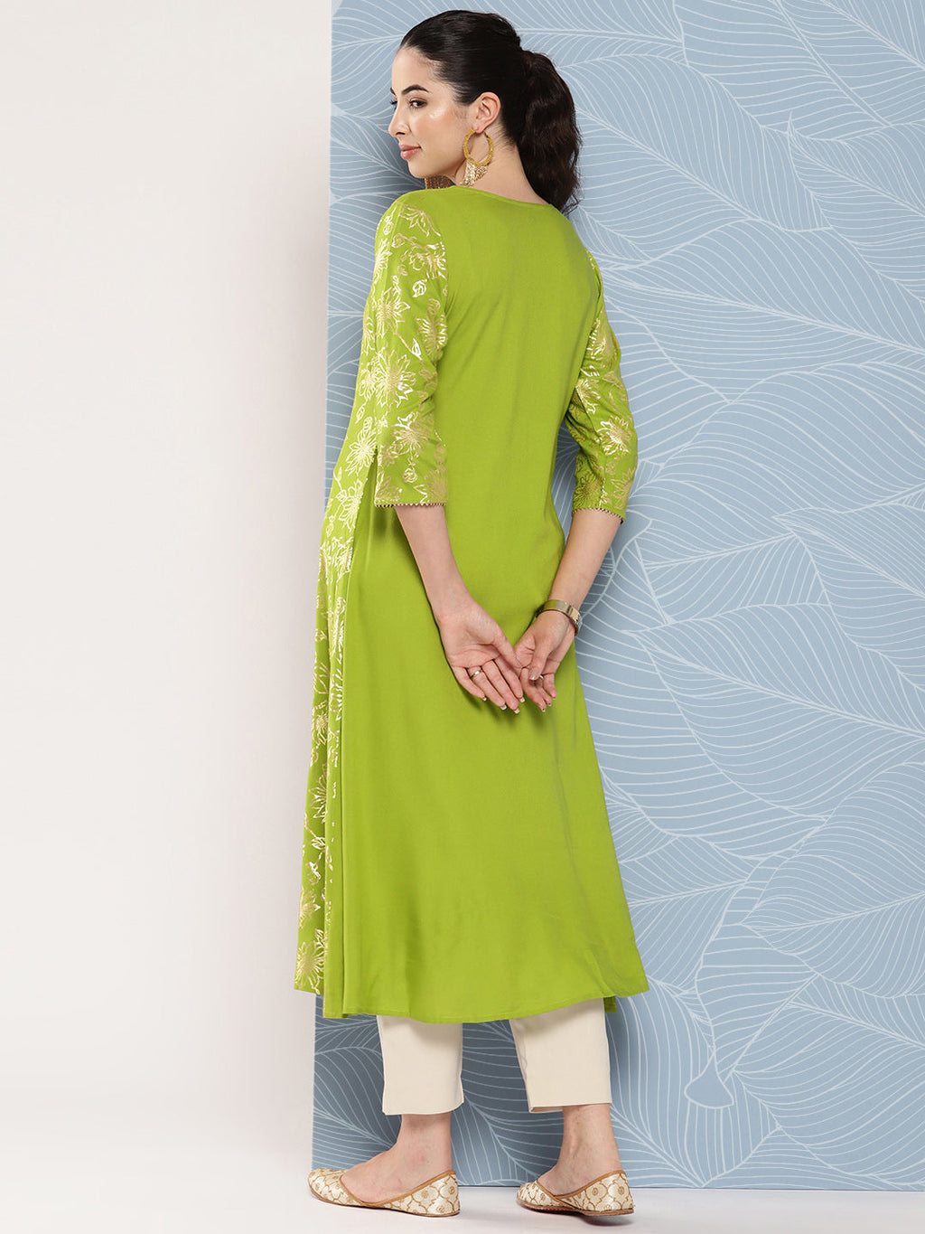 Janasya Women's Lime Green Rayon Foil Printed Festive A-Line Kurta