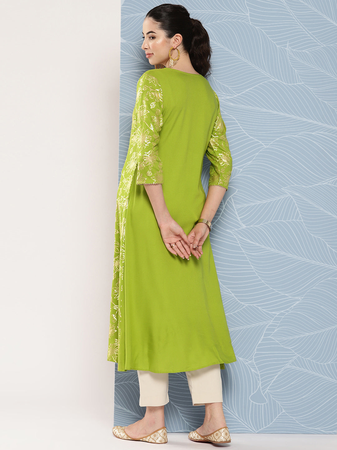 Janasya Women's Lime Green Rayon Foil Printed Festive A-Line Kurta