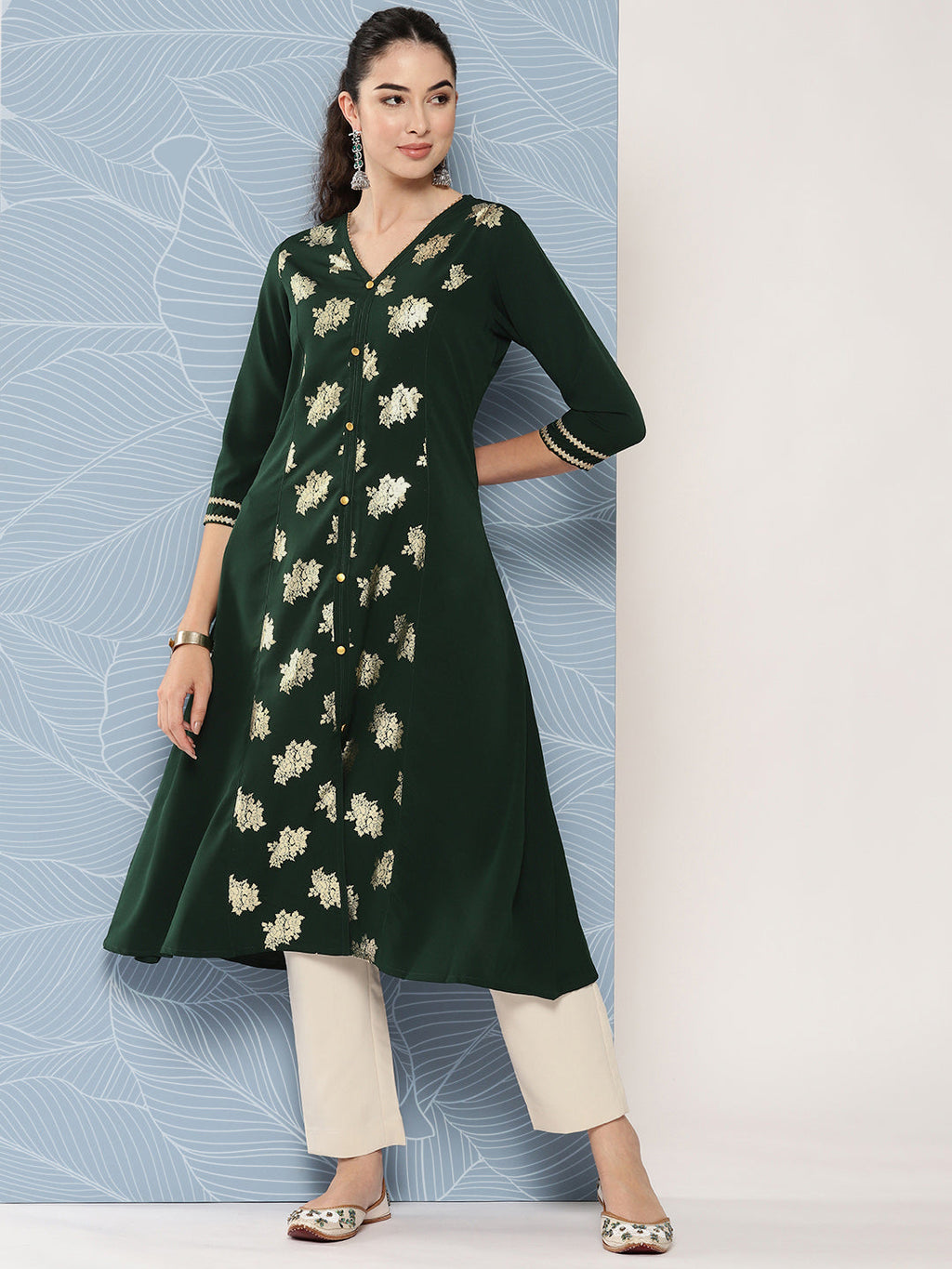 Janasya Women's Bottle Green Crepe Foil Printed Festive A-Line Kurta