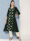 Janasya Women's Bottle Green Crepe Foil Printed Festive A-Line Kurta