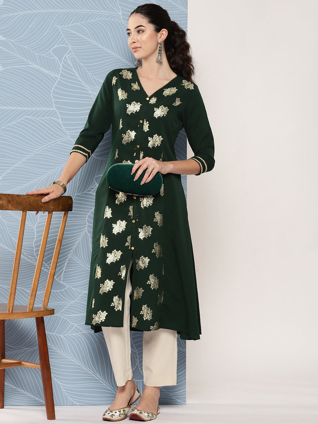 Janasya Women's Bottle Green Crepe Foil Printed Festive A-Line Kurta