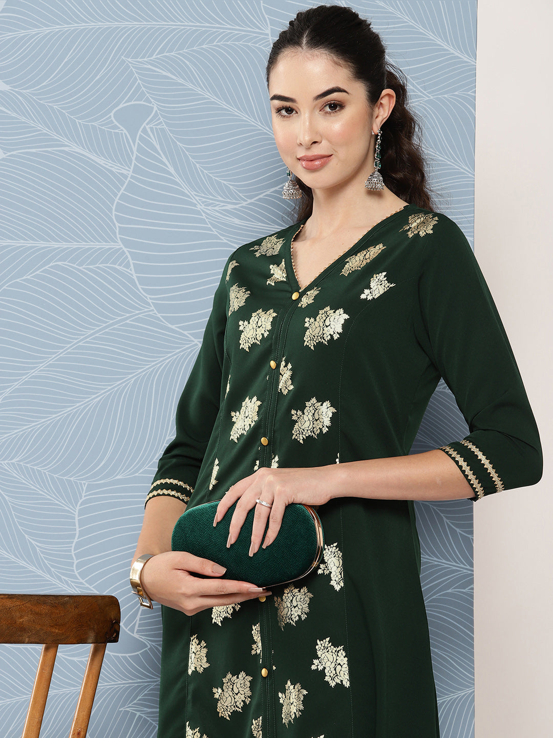 Janasya Women's Bottle Green Crepe Foil Printed Festive A-Line Kurta