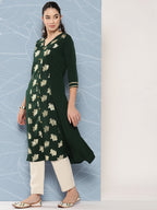 Janasya Women's Bottle Green Crepe Foil Printed Festive A-Line Kurta