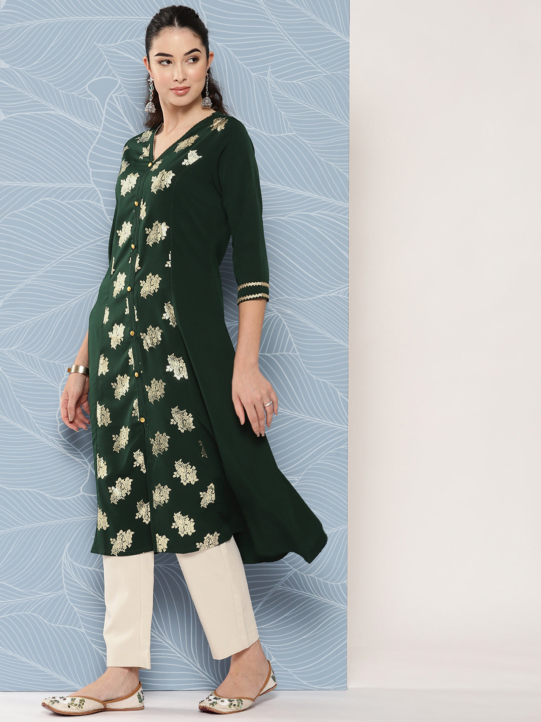 Janasya Women's Bottle Green Crepe Foil Printed Festive A-Line Kurta