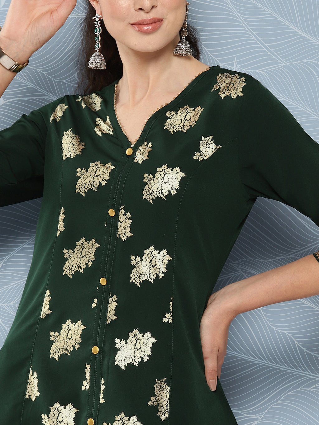 Janasya Women's Bottle Green Crepe Foil Printed Festive A-Line Kurta