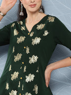 Janasya Women's Bottle Green Crepe Foil Printed Festive A-Line Kurta