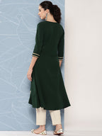 Janasya Women's Bottle Green Crepe Foil Printed Festive A-Line Kurta