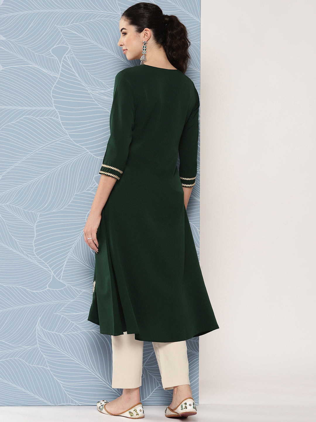 Janasya Women's Bottle Green Crepe Foil Printed Festive A-Line Kurta
