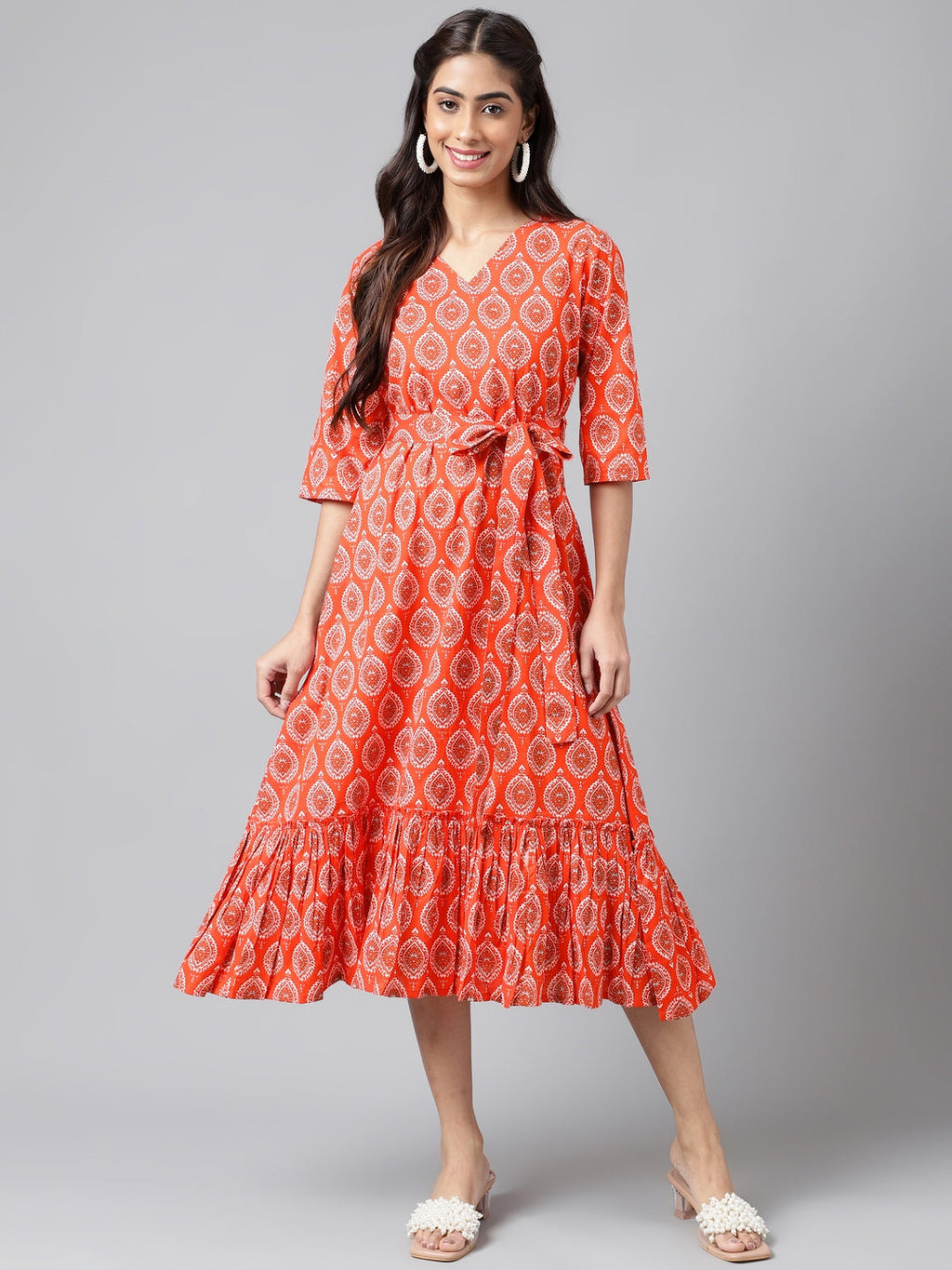 Janasya Women's Orange Cotton Ethnic Motifs Printed Ruffled Casual Dress - Distacart
