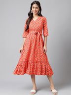 Janasya Women's Orange Cotton Ethnic Motifs Printed Ruffled Casual Dress - Distacart