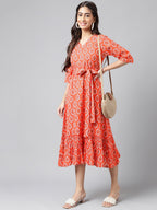 Janasya Women's Orange Cotton Ethnic Motifs Printed Ruffled Casual Dress - Distacart