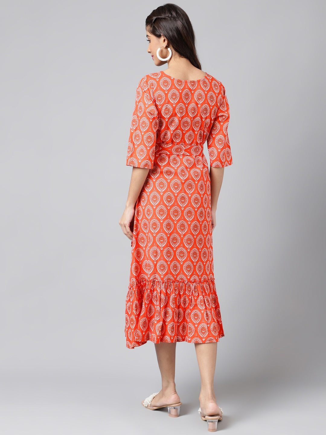 Janasya Women's Orange Cotton Ethnic Motifs Printed Ruffled Casual Dress - Distacart