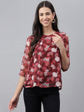 Janasya Women's Maroon Chiffon Lurex Floral Printed Casual Regular Top