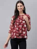 Janasya Women's Maroon Chiffon Lurex Floral Printed Casual Regular Top
