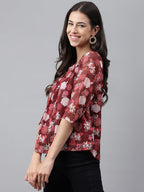 Janasya Women's Maroon Chiffon Lurex Floral Printed Casual Regular Top