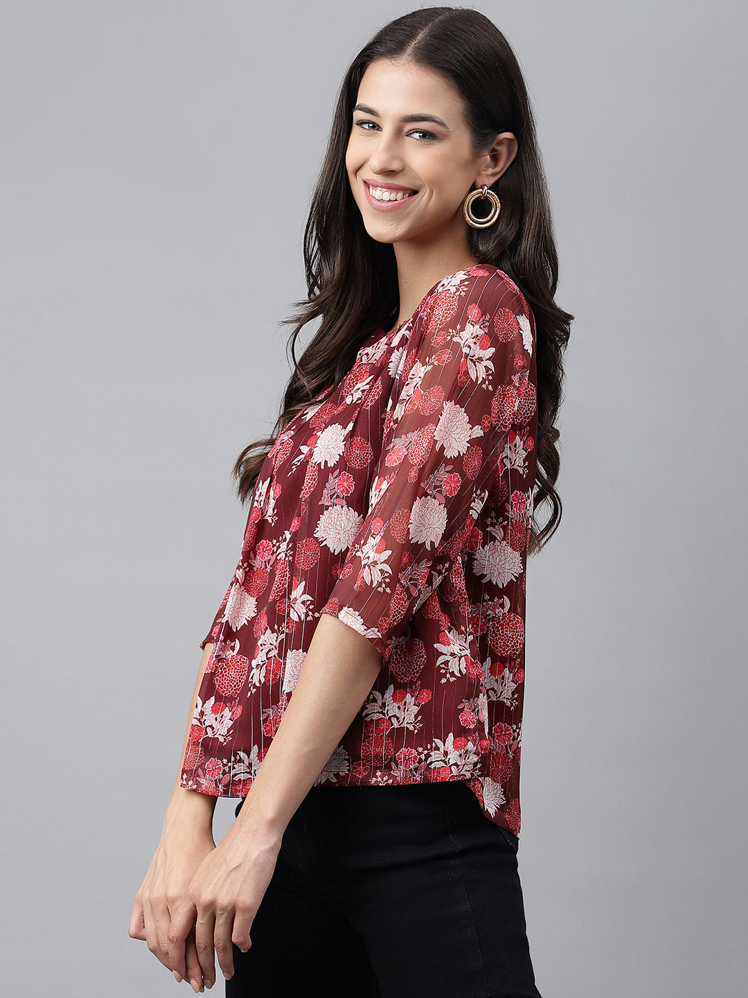 Janasya Women's Maroon Chiffon Lurex Floral Printed Casual Regular Top