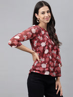 Janasya Women's Maroon Chiffon Lurex Floral Printed Casual Regular Top