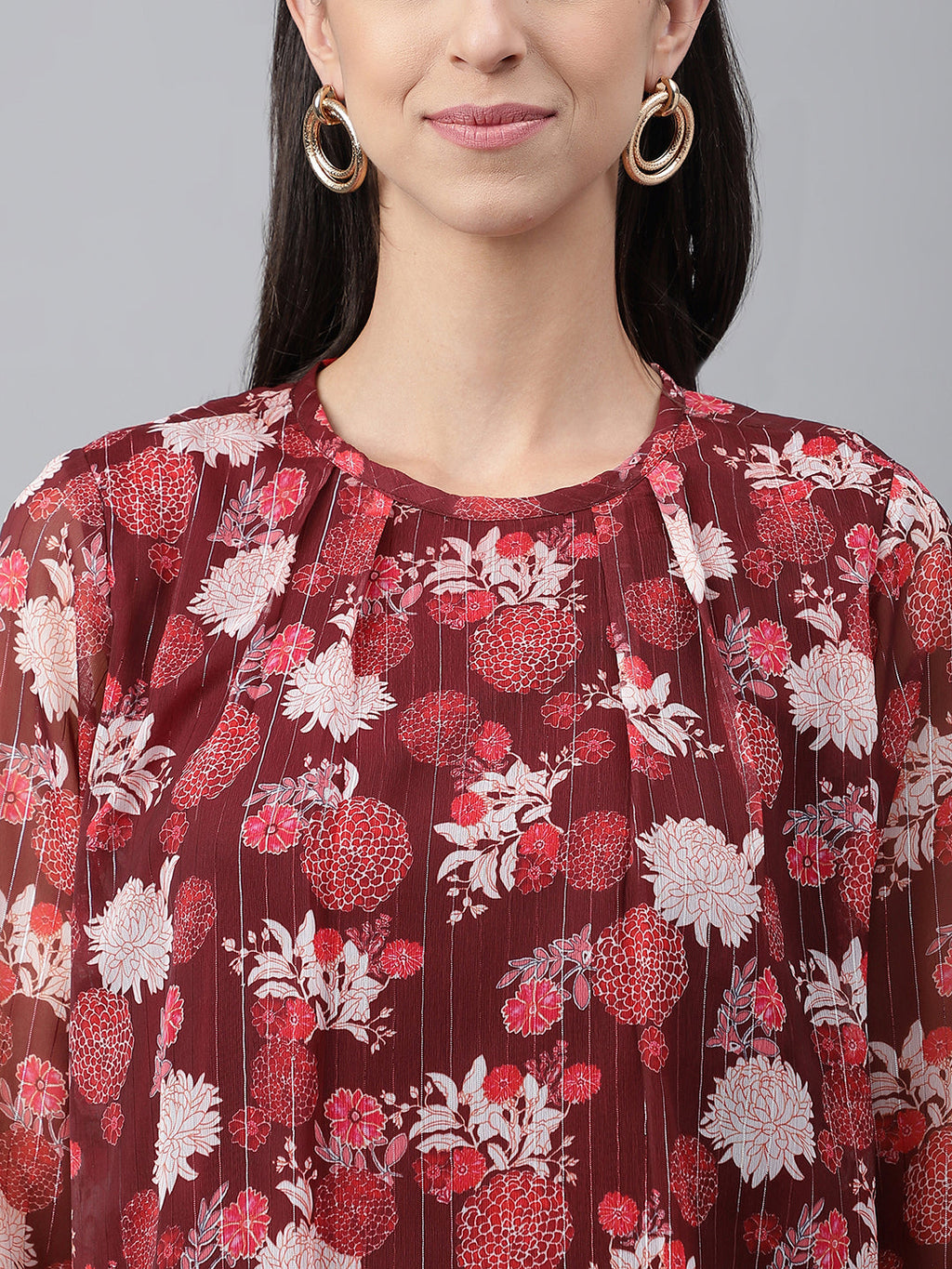 Janasya Women's Maroon Chiffon Lurex Floral Printed Casual Regular Top