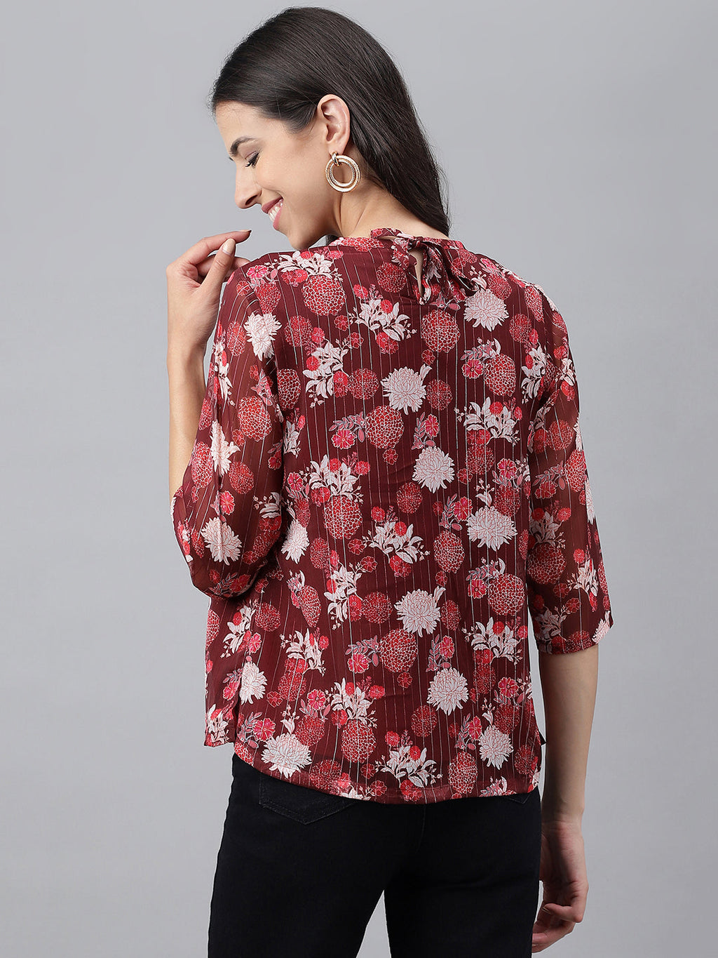 Janasya Women's Maroon Chiffon Lurex Floral Printed Casual Regular Top