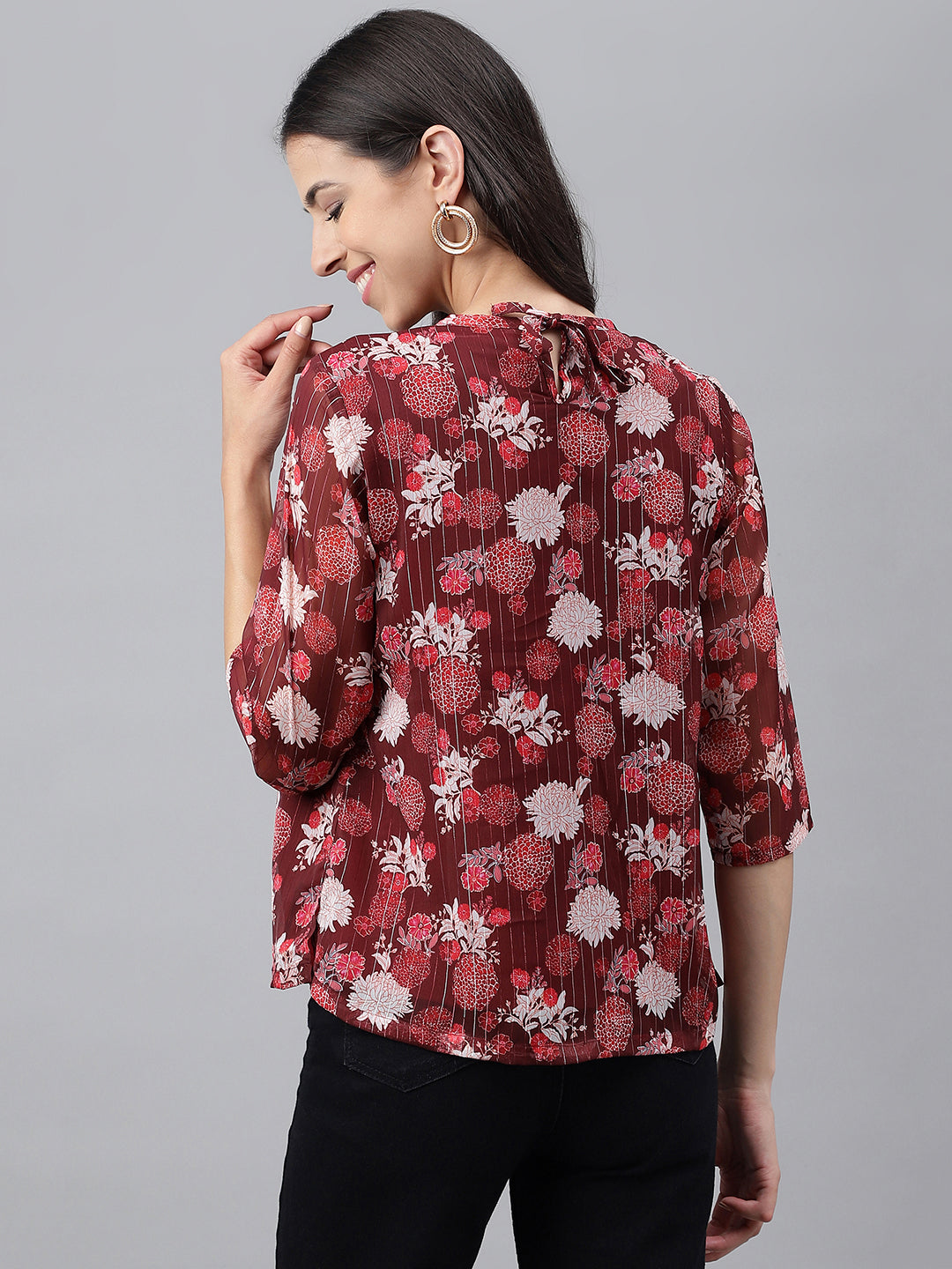 Janasya Women's Maroon Chiffon Lurex Floral Printed Casual Regular Top