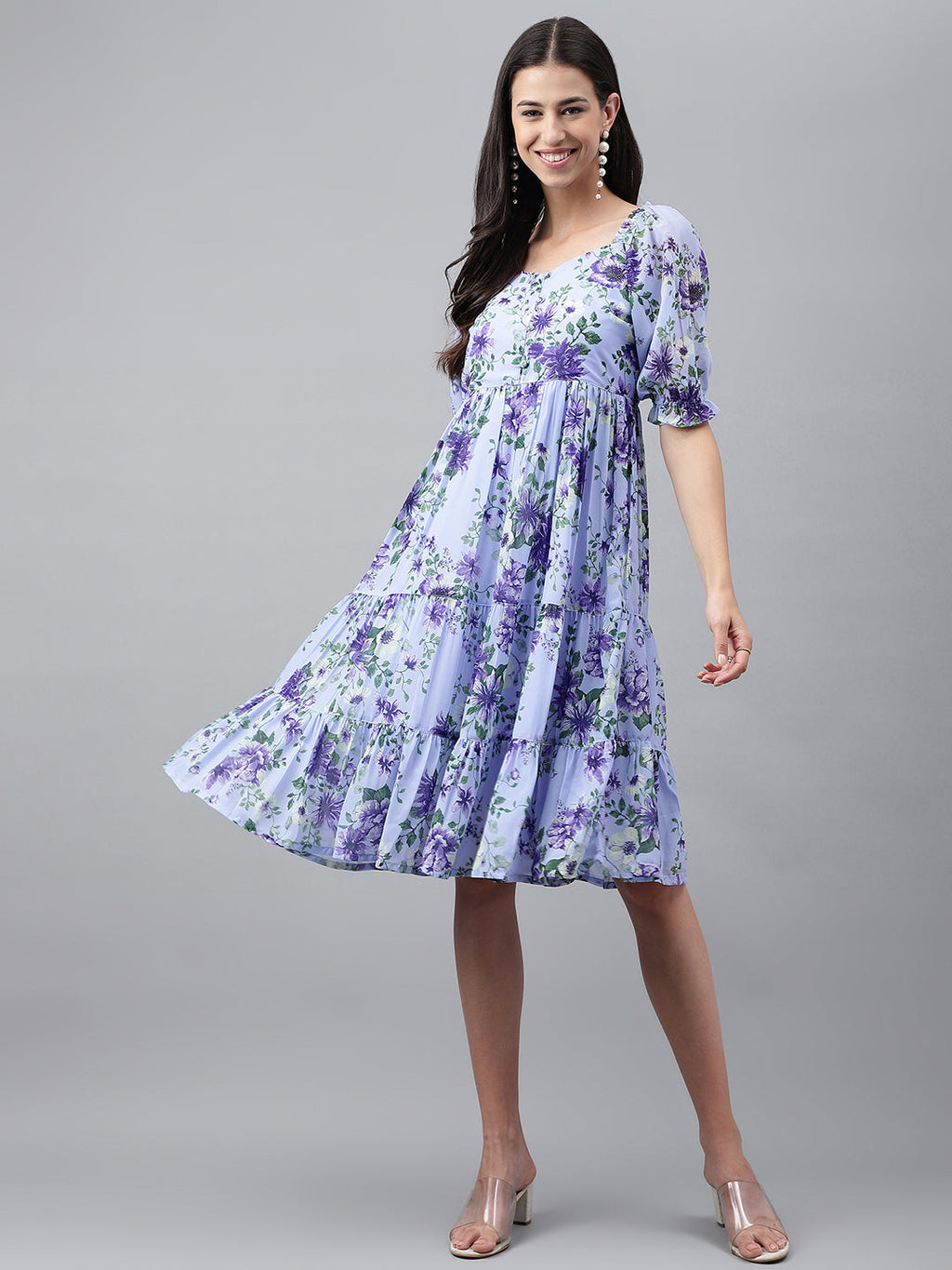 Janasya Women's Lavender Georgette Floral Printed Tiered Casual Dress - Distacart