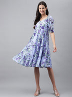 Janasya Women's Lavender Georgette Floral Printed Tiered Casual Dress - Distacart