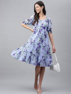 Janasya Women's Lavender Georgette Floral Printed Tiered Casual Dress - Distacart