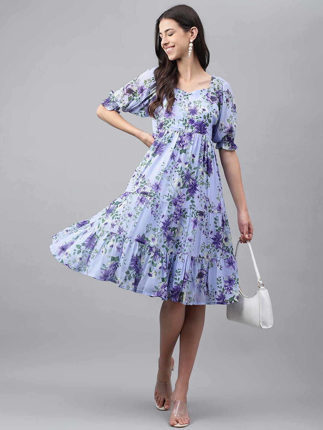 Janasya Women's Lavender Georgette Floral Printed Tiered Casual Dress - Distacart