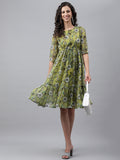 Janasya Women's Olive Green Chiffon Lurex Floral Printed Flared Casual Dress - Distacart