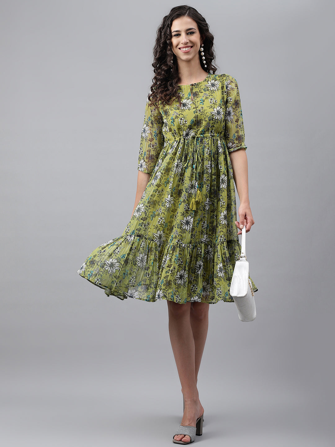 Janasya Women's Olive Green Chiffon Lurex Floral Printed Flared Casual Dress - Distacart