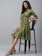 Janasya Women's Olive Green Chiffon Lurex Floral Printed Flared Casual Dress - Distacart