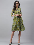 Janasya Women's Olive Green Chiffon Lurex Floral Printed Flared Casual Dress - Distacart