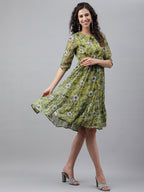Janasya Women's Olive Green Chiffon Lurex Floral Printed Flared Casual Dress - Distacart