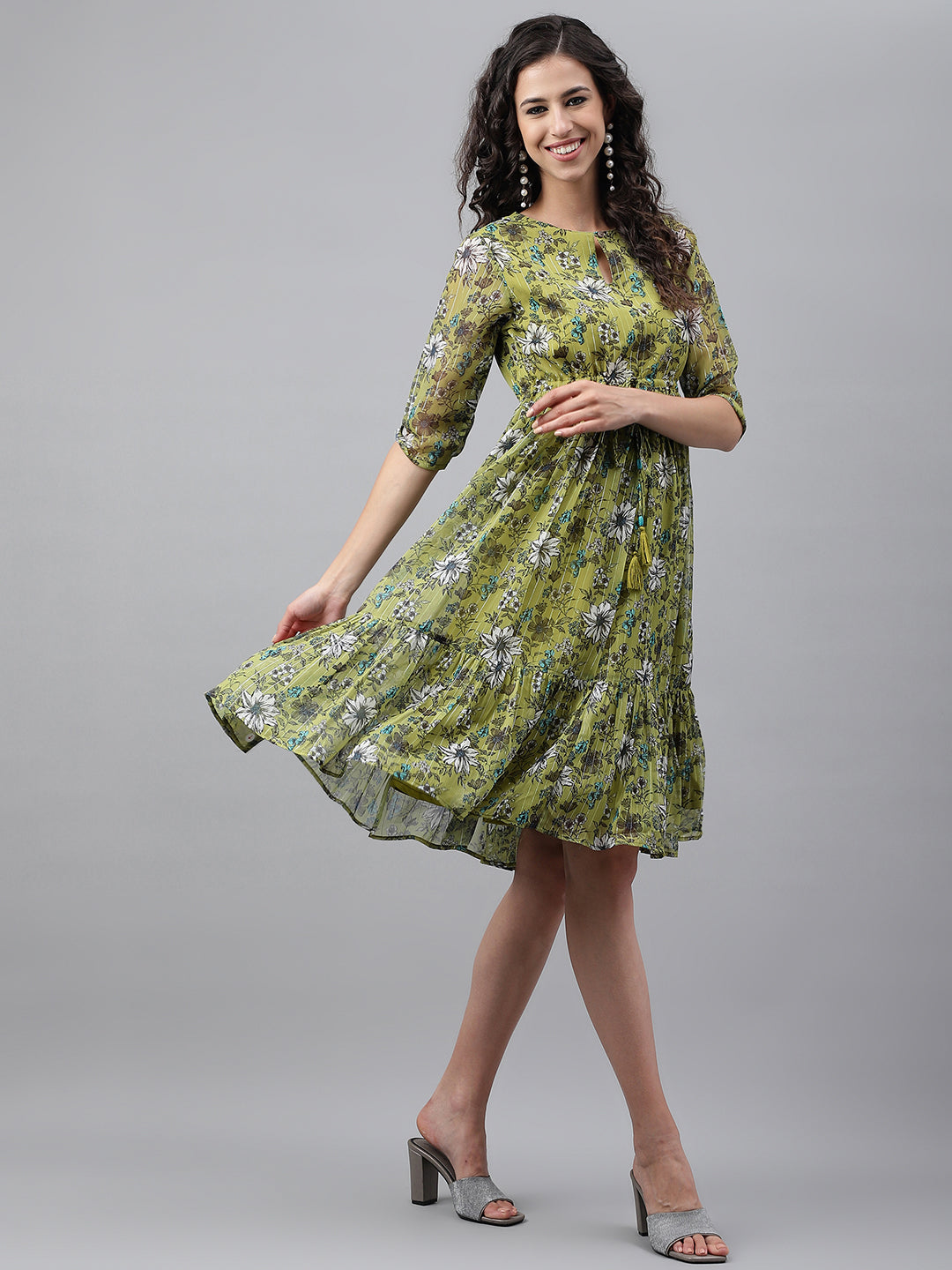 Janasya Women's Olive Green Chiffon Lurex Floral Printed Flared Casual Dress - Distacart