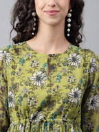 Janasya Women's Olive Green Chiffon Lurex Floral Printed Flared Casual Dress - Distacart