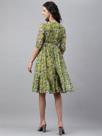 Janasya Women's Olive Green Chiffon Lurex Floral Printed Flared Casual Dress - Distacart