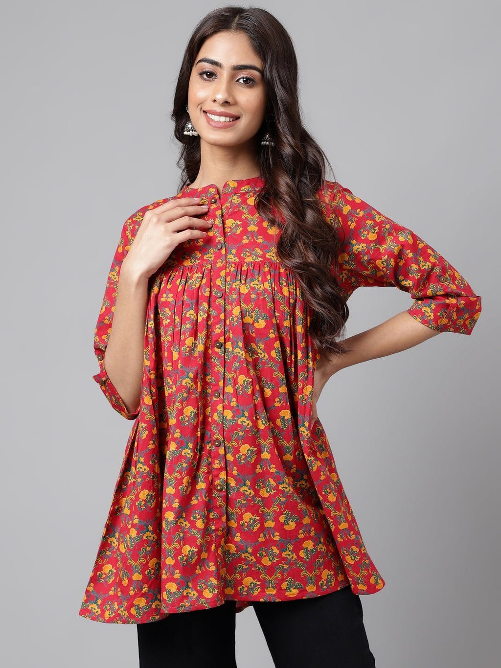 Janasya Women's Red Cotton Floral Printed Casual Empire Tunic