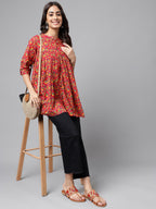 Janasya Women's Red Cotton Floral Printed Casual Empire Tunic