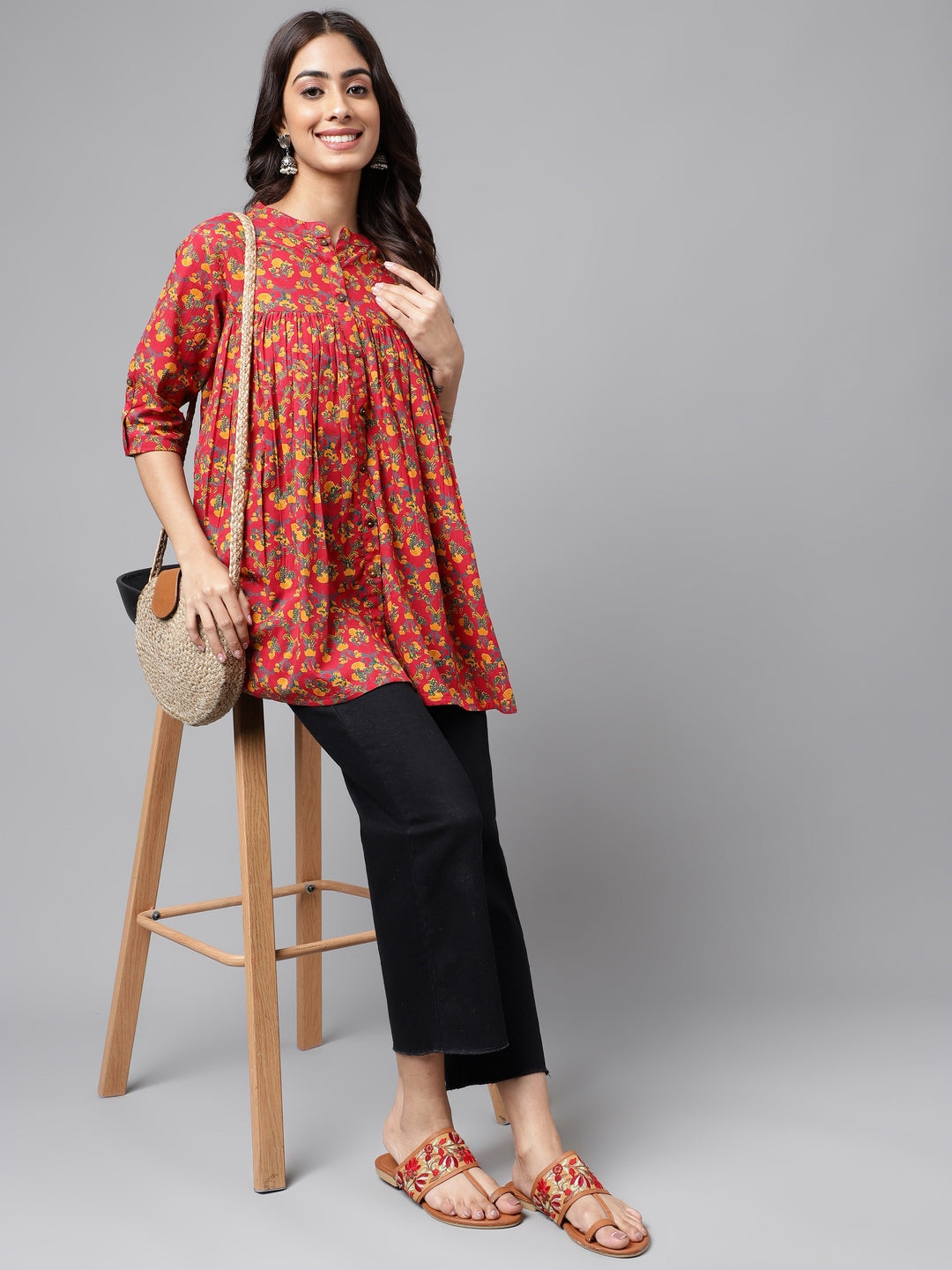 Janasya Women's Red Cotton Floral Printed Casual Empire Tunic