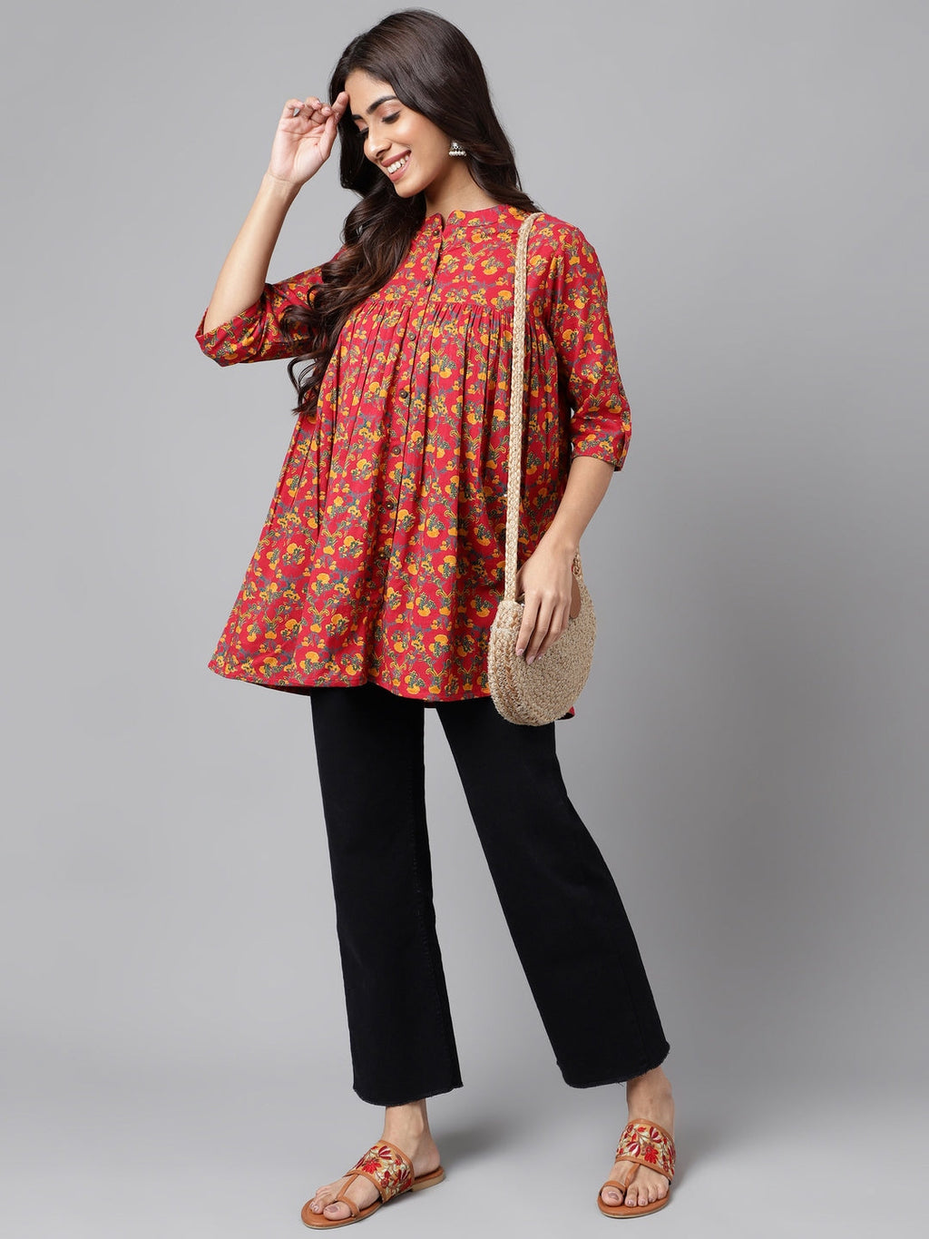 Janasya Women's Red Cotton Floral Printed Casual Empire Tunic