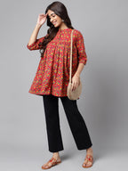 Janasya Women's Red Cotton Floral Printed Casual Empire Tunic