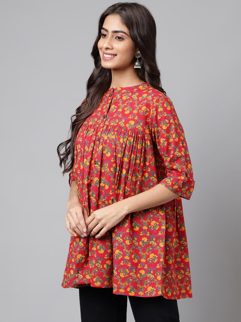 Janasya Women's Red Cotton Floral Printed Casual Empire Tunic