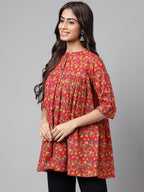 Janasya Women's Red Cotton Floral Printed Casual Empire Tunic
