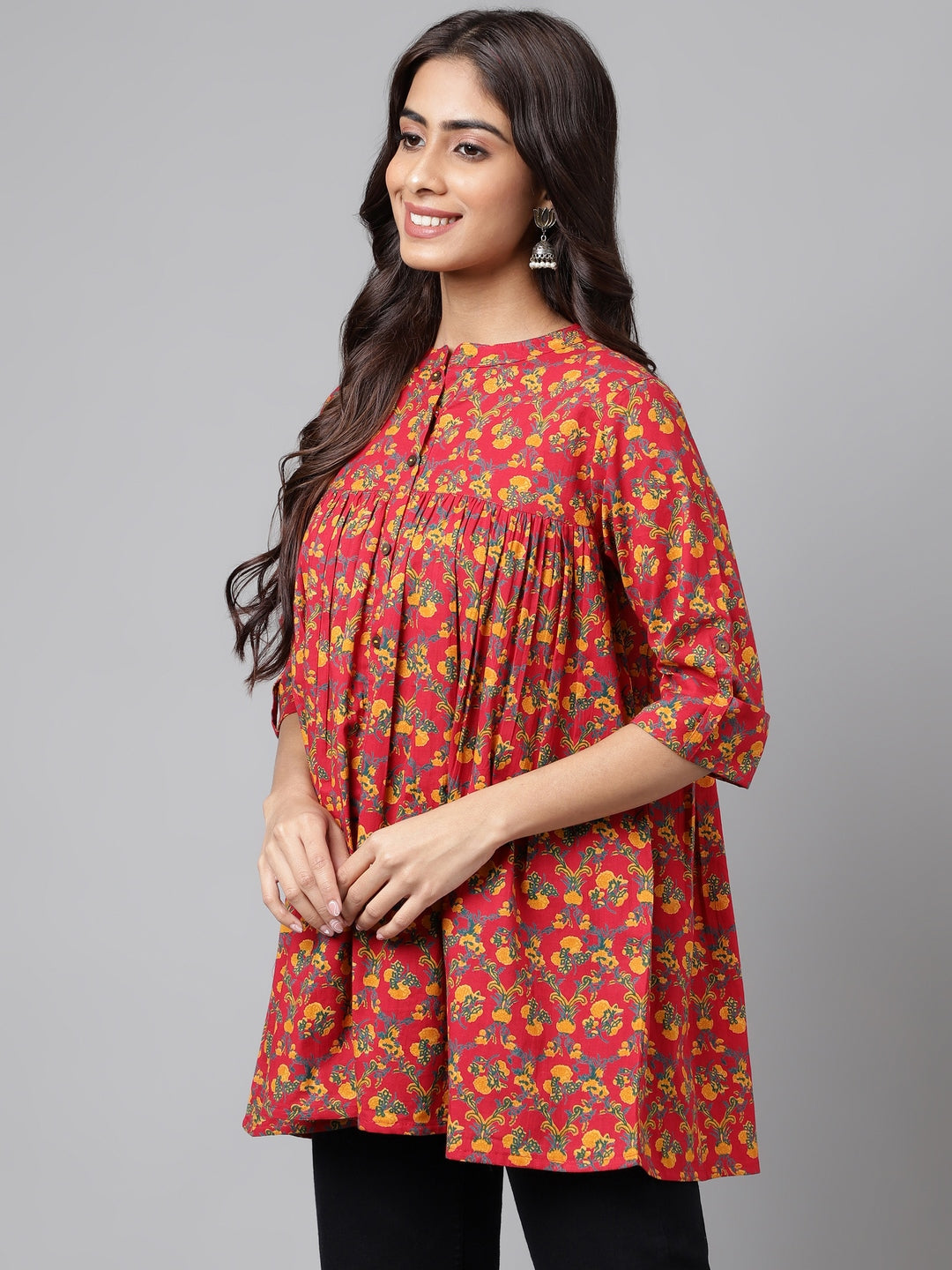 Janasya Women's Red Cotton Floral Printed Casual Empire Tunic