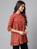 Janasya Women's Red Cotton Floral Printed Casual Empire Tunic