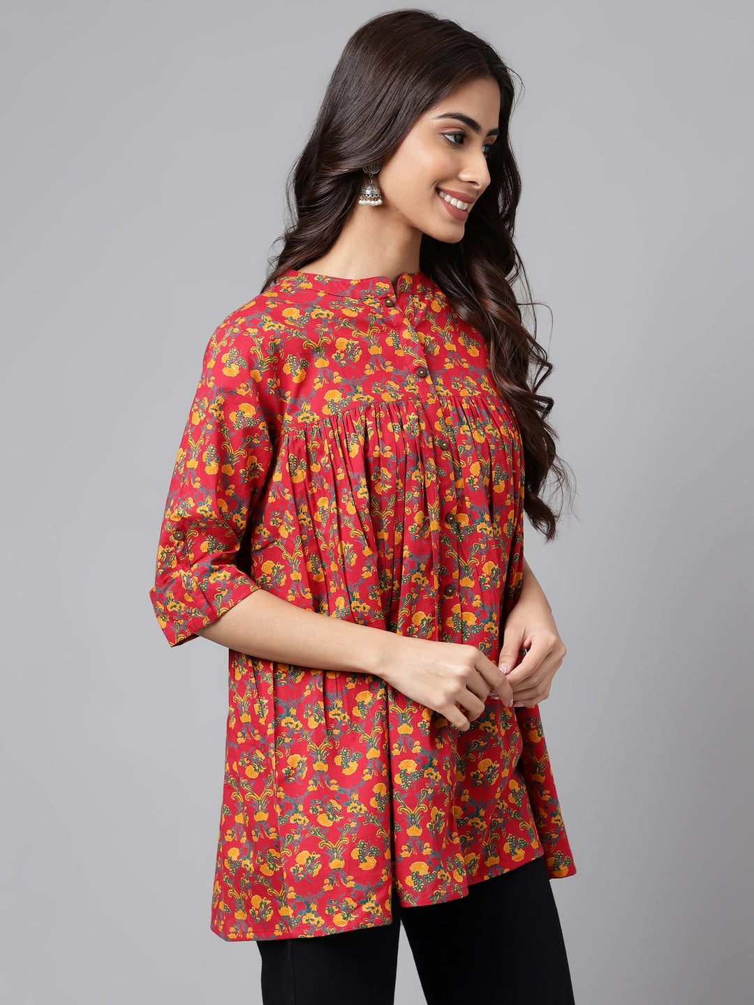 Janasya Women's Red Cotton Floral Printed Casual Empire Tunic
