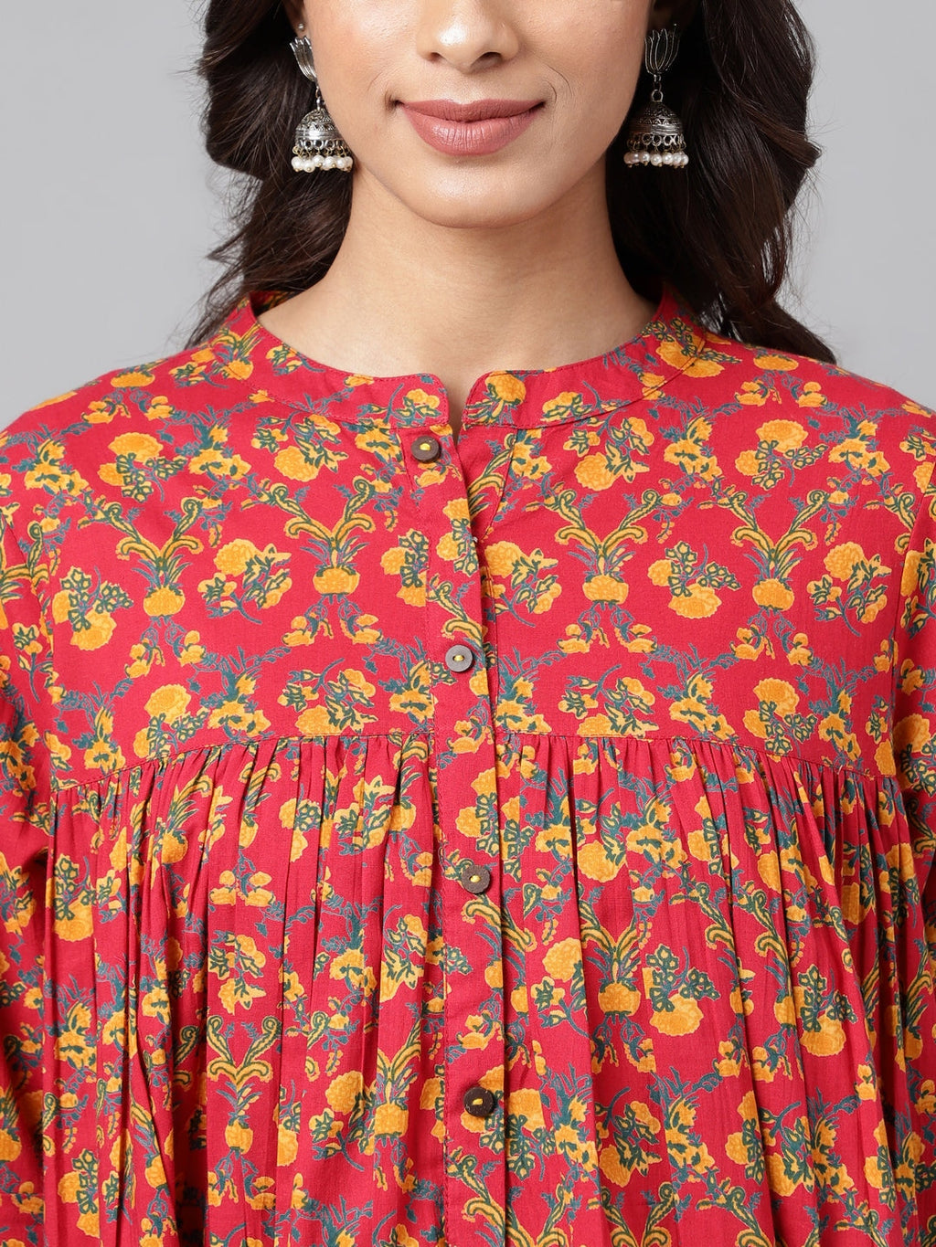 Janasya Women's Red Cotton Floral Printed Casual Empire Tunic