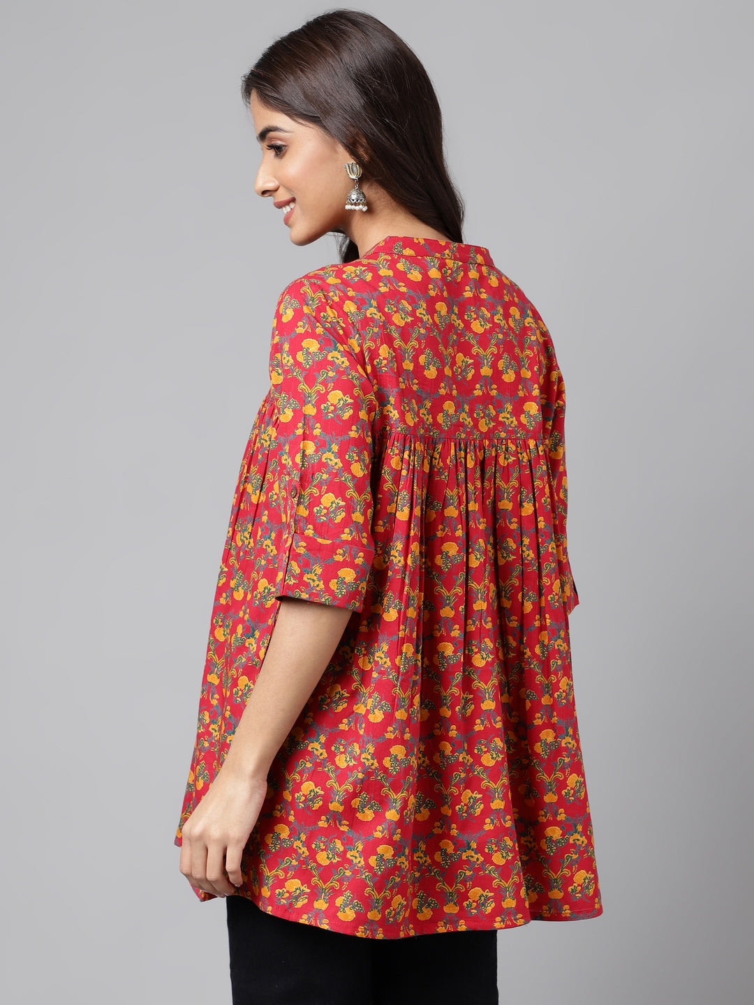 Janasya Women's Red Cotton Floral Printed Casual Empire Tunic